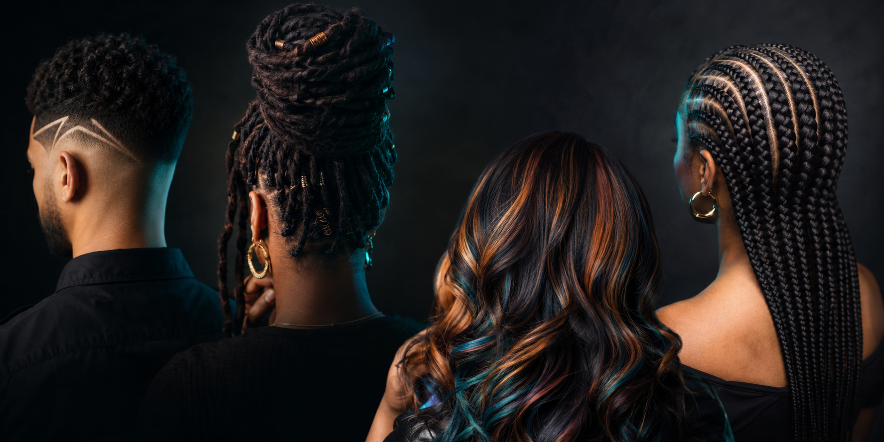 Four finished hair looks featuring a precision fade, loc updo, dimensional color, and knotless braids